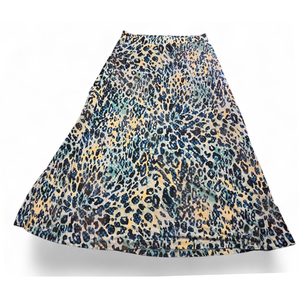VTG Kasper Womens Blue Yellow Leopard Animal Print Maxi Skirt A-Line Stretch M
